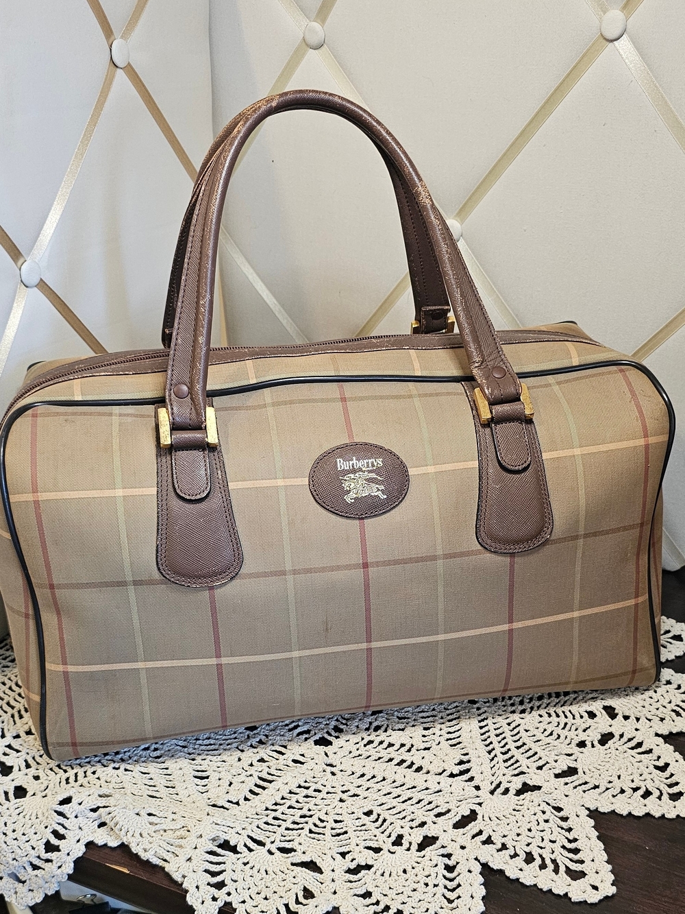 Vintage Burberry Beige Plaid Travel Bag with Brown Leather Handles